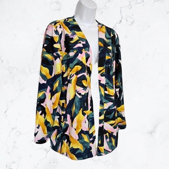 Apt. 9 Tropical Green, Yellow & Pink Abstract Print Open Front Kimono Blazer - Picture 3 of 7